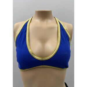 Anthropologie U-Neck Stretch T-Back Sports Bra Top Blue White Yellow Trim Size S